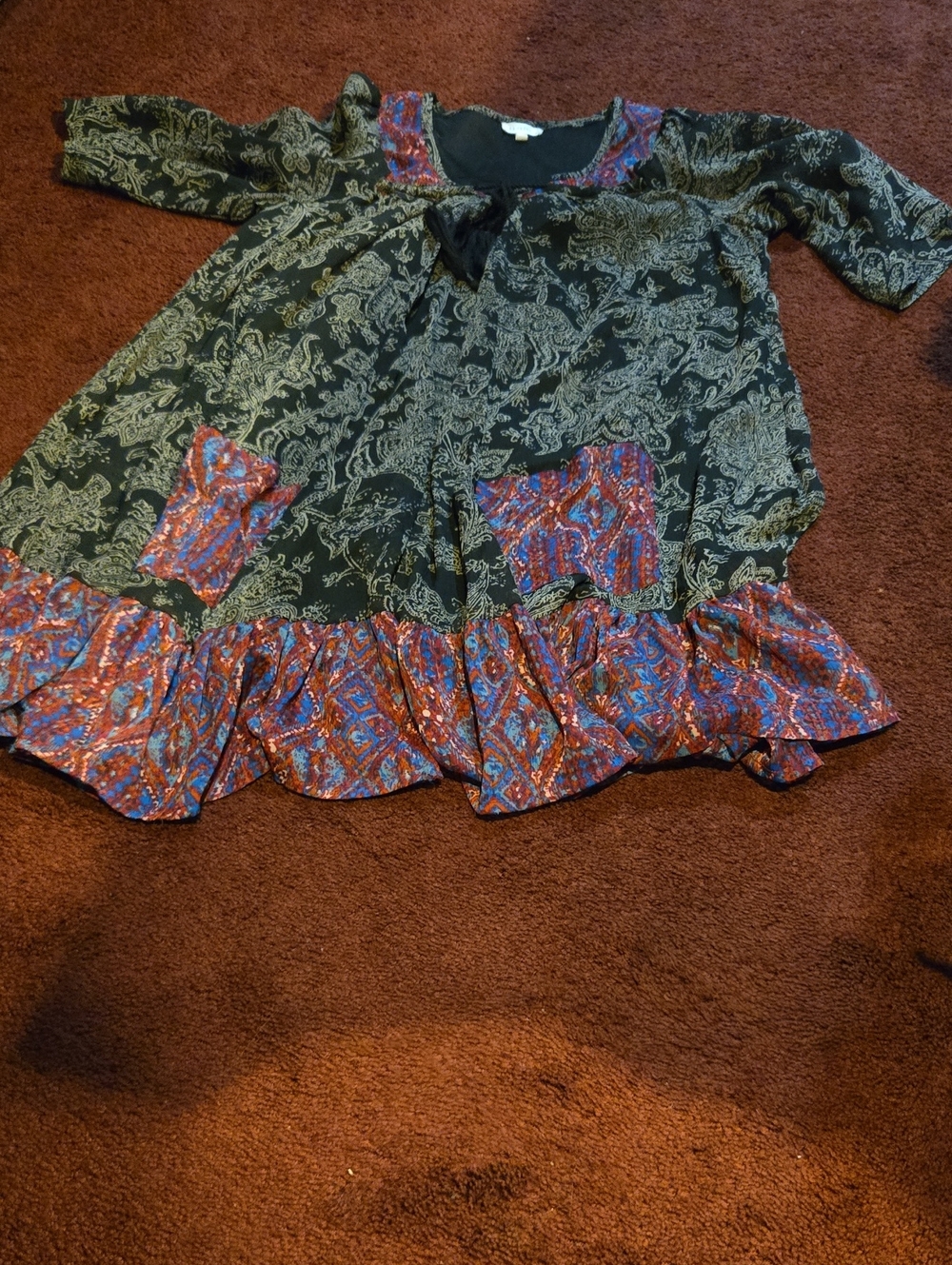 En Creme Black Paisley Tunic with Red-Blue Patchwork Trim